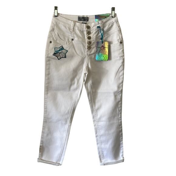 Almost Famous Size 3 White Stretch Denim High Waist Jeans Cropped Ankle Y2K - Picture 1 of 14